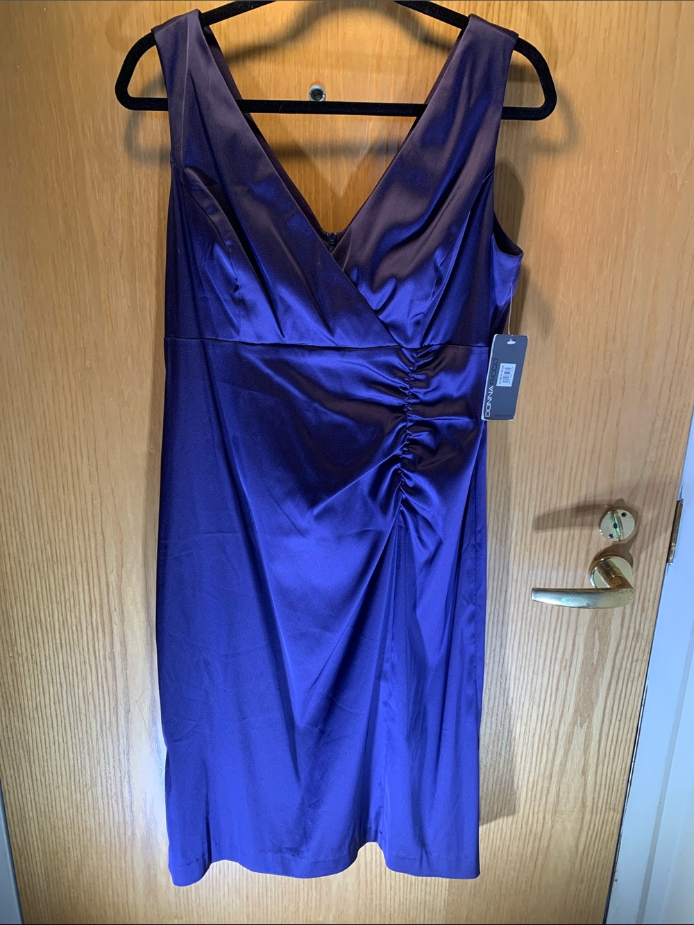 New! Donna Ricco Women's Purple Satin V-Neck Ruched Dress - Size 14